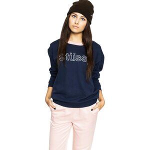 Stussy Navy Blue Sweatshirt Pink Trim Cotton Pullover Logo Crewneck Size L Large